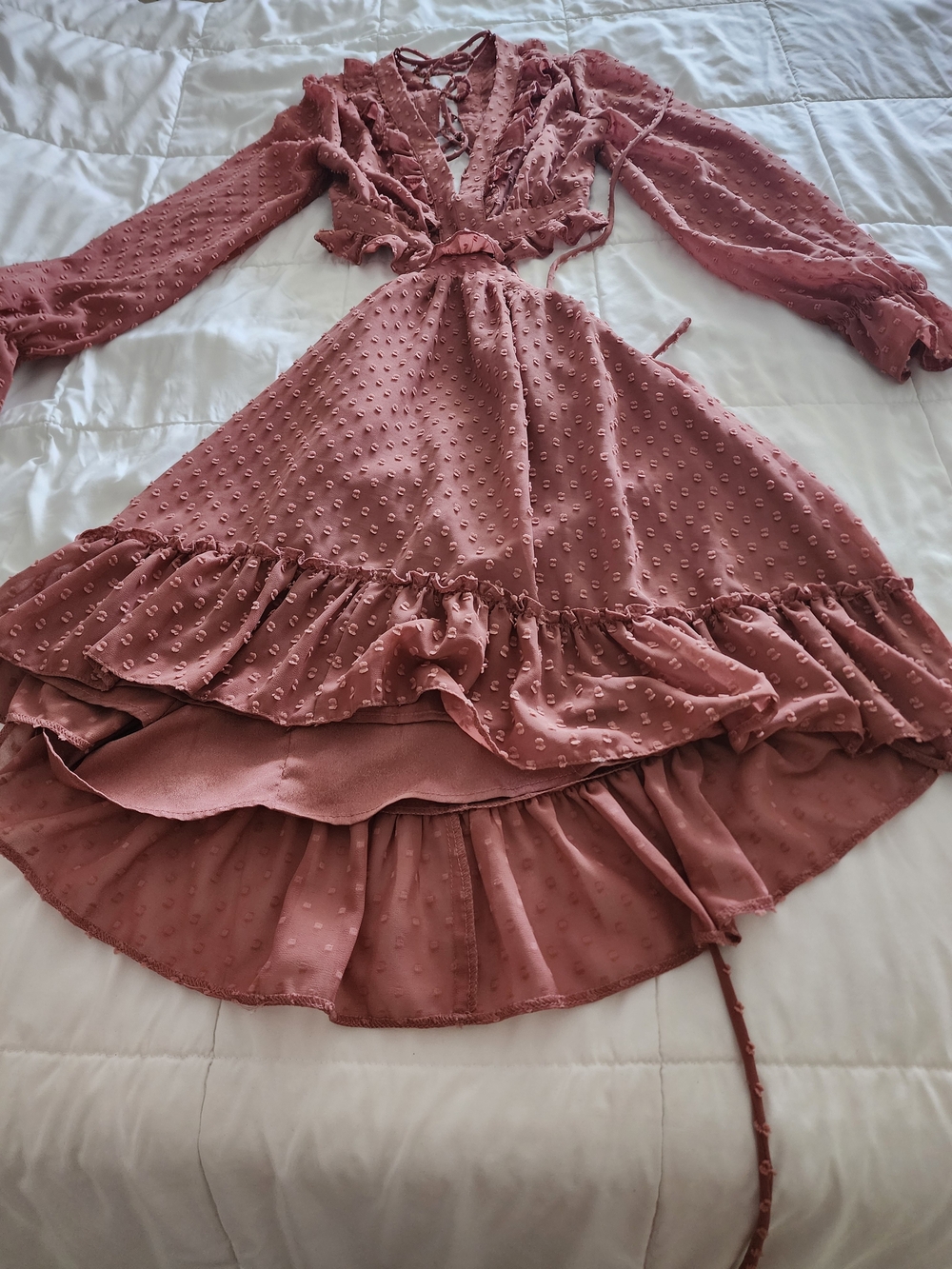 Ruffled Swiss Dot Mini Dress in Dusty Rose